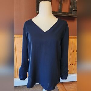 Ann Taylor Dark Navy Blue Long Sleeve Blouse V-Neck Size Small